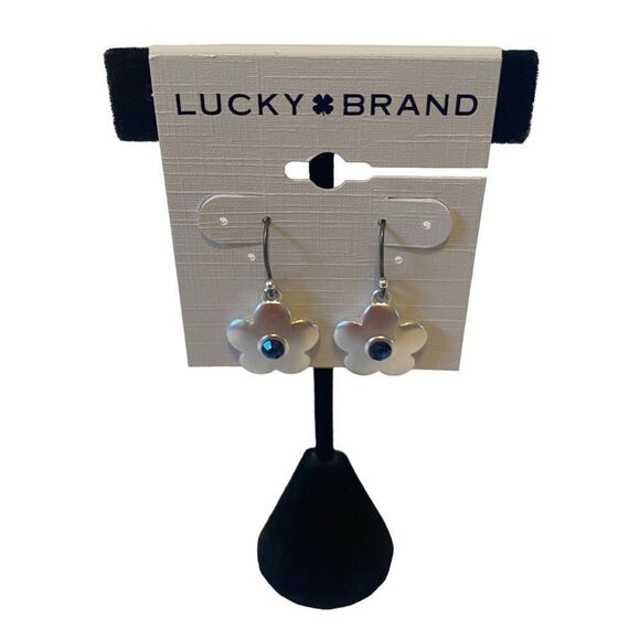 Matte Silver & Dk Blue Crystal Daisy Drop Earrings. - Picture 1 of 6